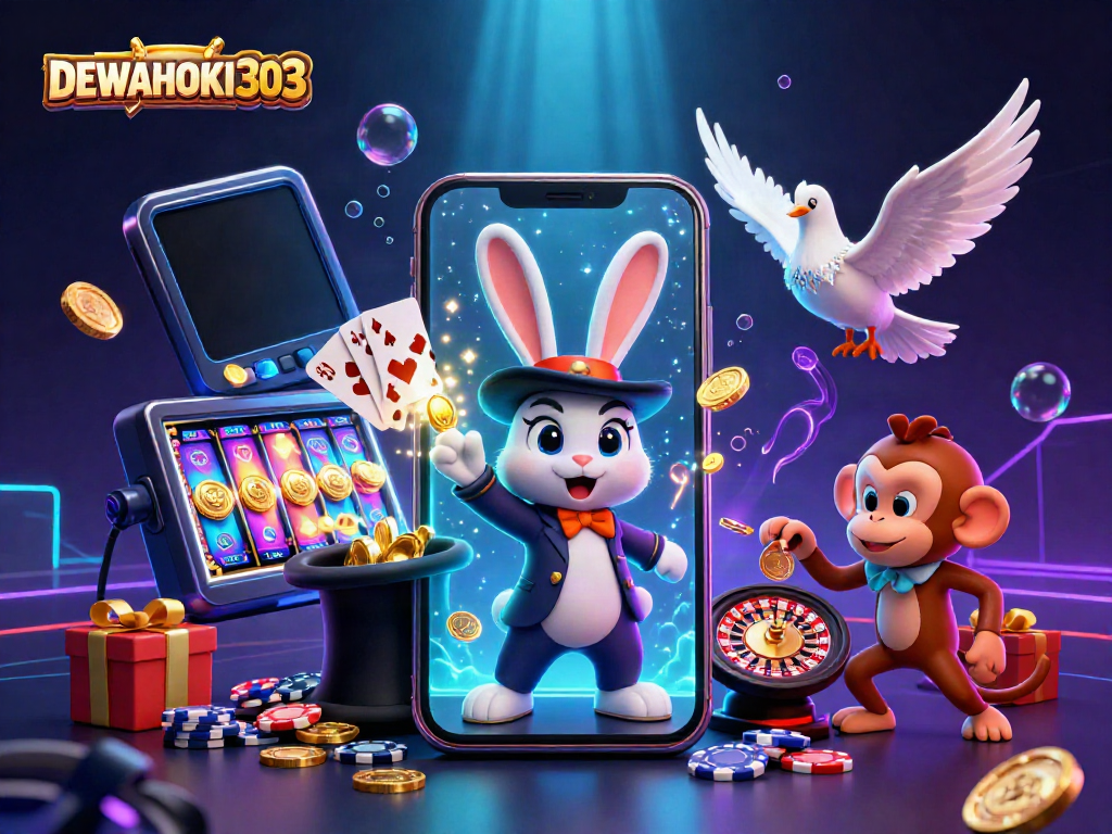Slot permainan menarik dengan karakter DEWAHOKI303 yang memikat, memperlihatkan koin emas dan suasana kasino yang mengasyikkan.