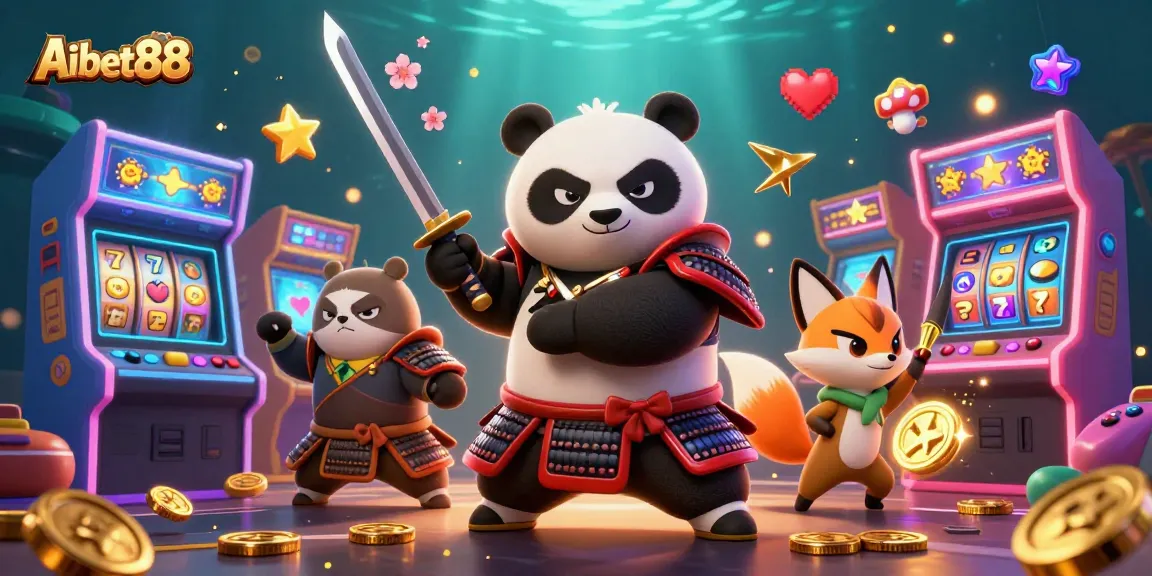 Aibet88 showcases a fierce samurai panda and ninja fox in a vibrant casino-themed digital illustration, highlighting arcade elements.
