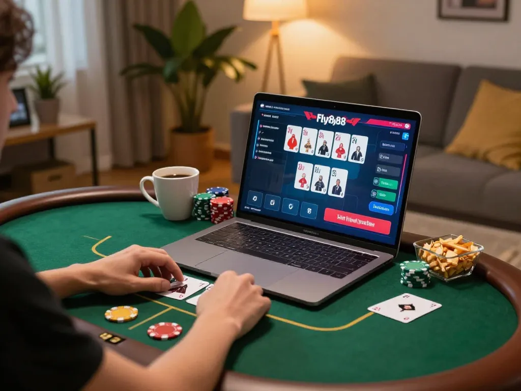 Engaging in an online poker game on a laptop at home, showcasing the link fly88 for exciting gameplay.