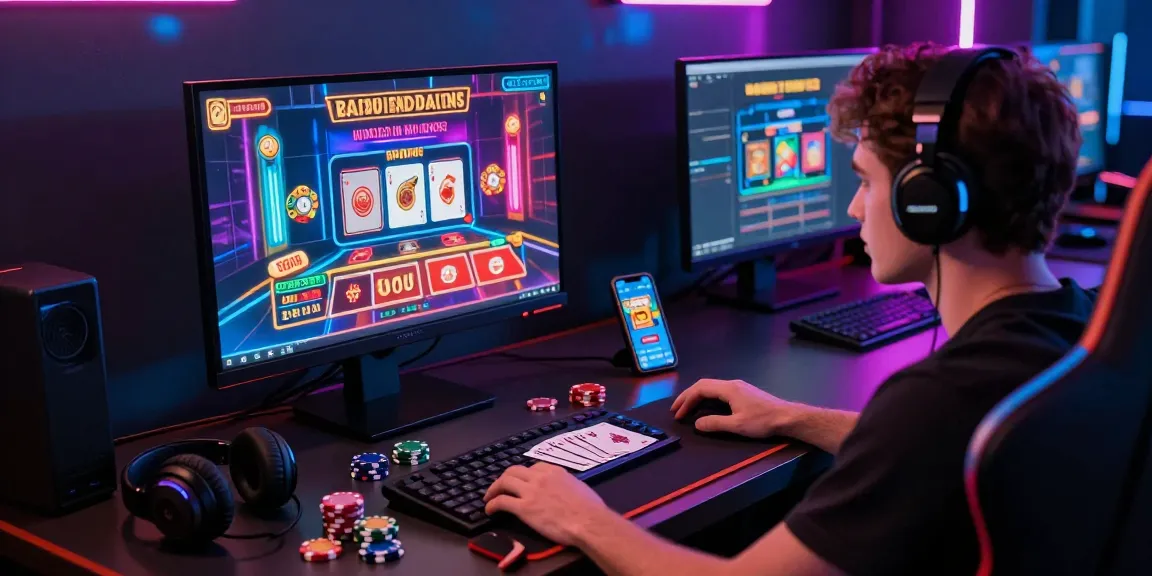 Engaged player at a credit card casino desk, with casino games on the monitor and poker chips surrounding.