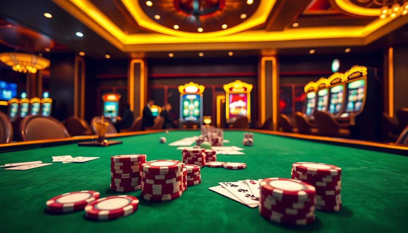 Engage in thrilling gameplay with cầu iwin at a luxury casino, featuring vibrant tables and poker chips.
