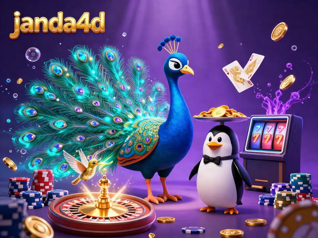 Gambarlah suasana ceria di janda4d dengan burung merak, penguin pelayan, dan kolam chip emas.