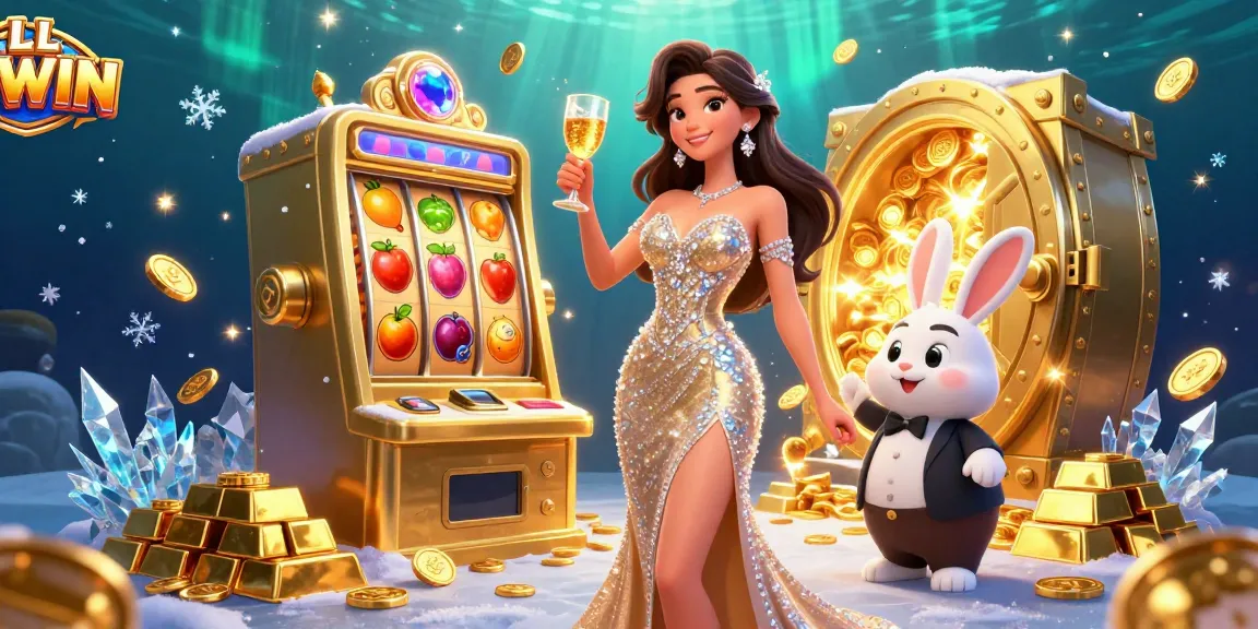 LL WIN celebrates a big jackpot with a glamorous woman and cartoon bunny at a vibrant casino scene.