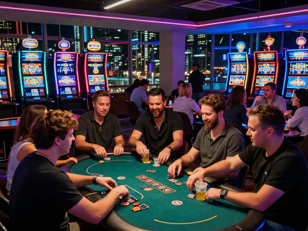 A vibrant casino scene with players enjoying games, highlighting akunjp excitement and nightlife.