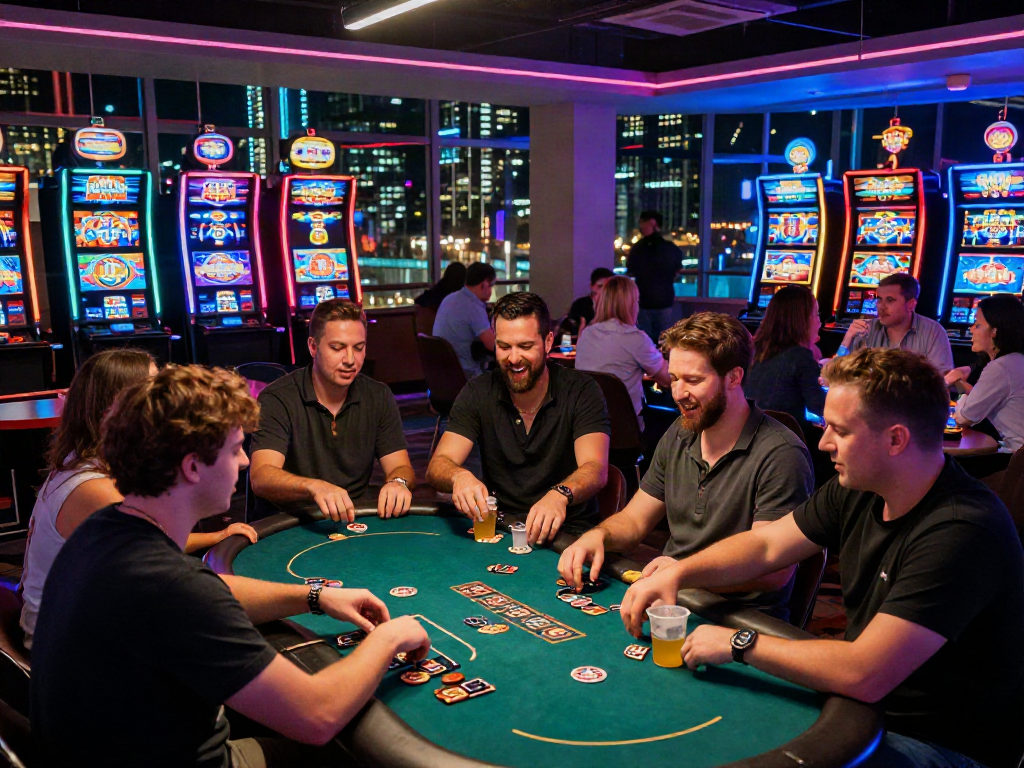 A vibrant casino scene with players enjoying games, highlighting akunjp excitement and nightlife.
