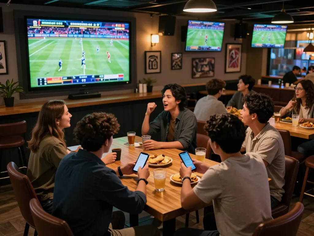Tg88 game enthusiast reviewing odds on smartphone amidst lively sports bar atmosphere.