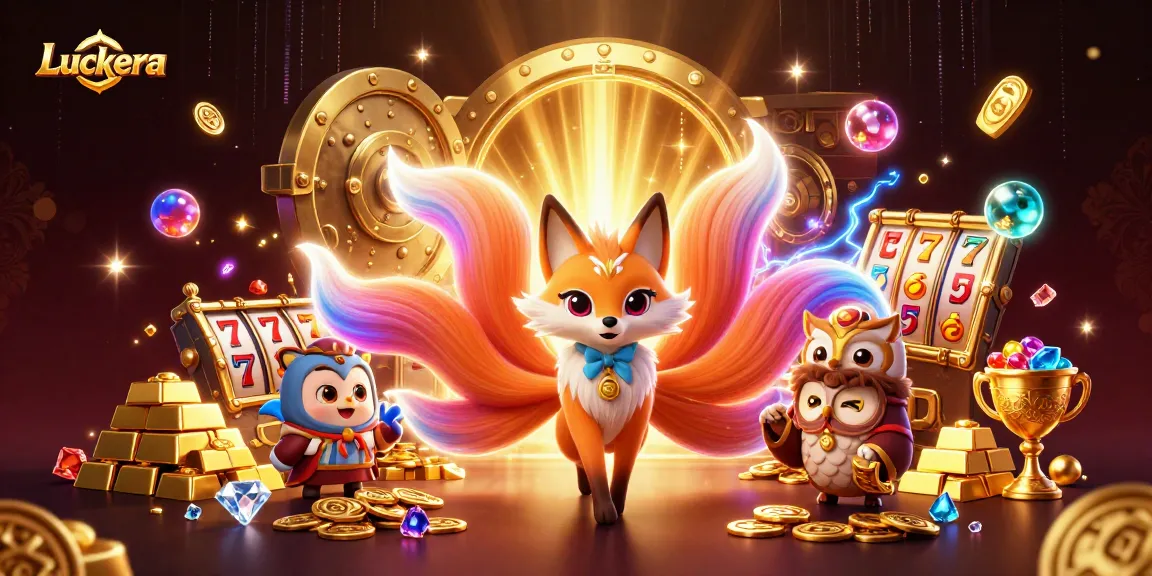 Luckera's vibrant scene showcases a nine-tailed fox spirit, slot elements, and radiant treasures.