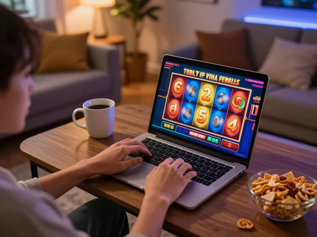 Menyenangkan permainan slot di laptop dengan layar cerah dalam pengaturan rumah yang nyaman.