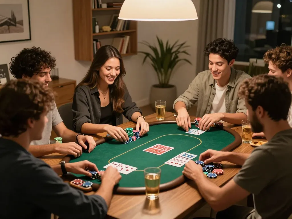Friends enjoying a poker game at home, showcasing strategic moments and camaraderie with ww88com.
