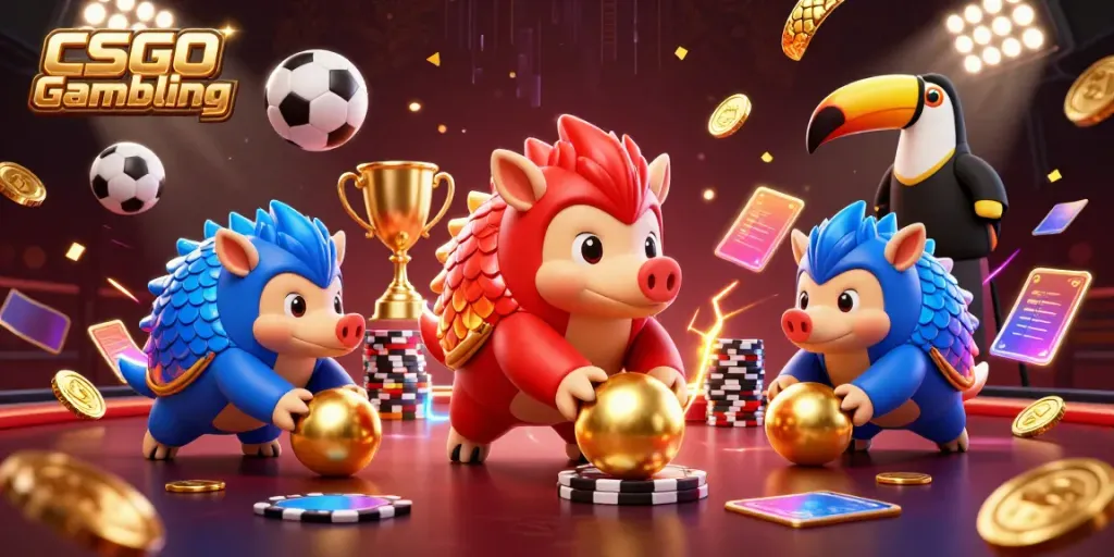 Engaging scene of CSGO Gambling with pangolins in battle, vibrant sports elements, and dynamic energy.