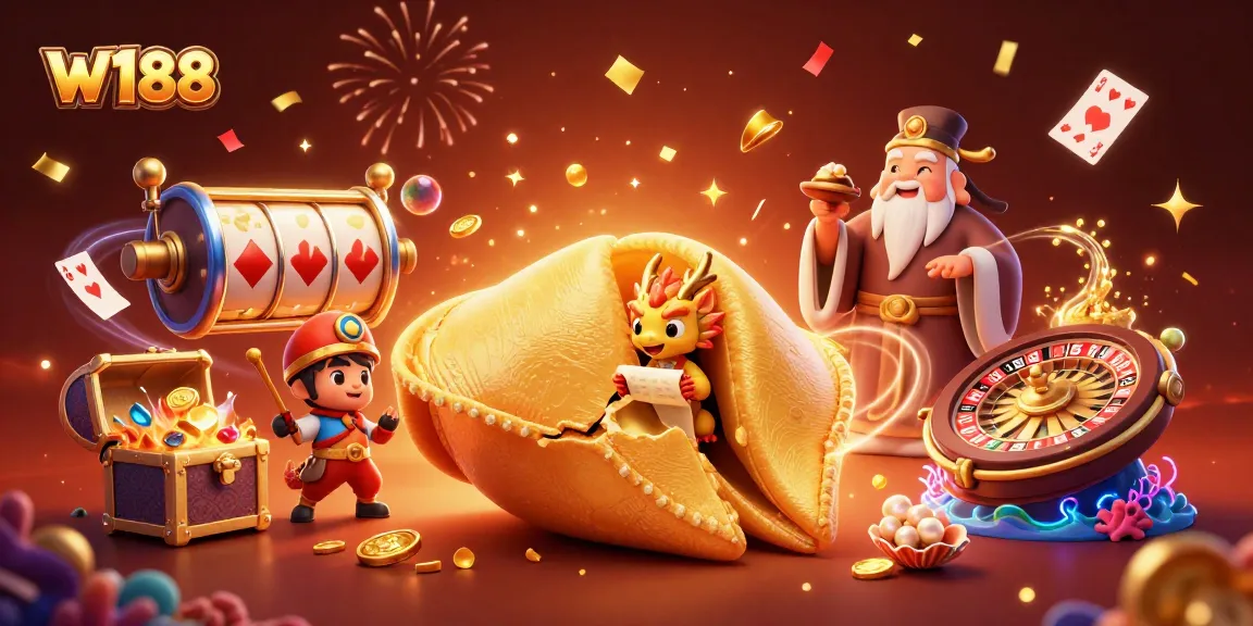 Experience thrilling W188 gaming moments with a vibrant 3D casino illustration featuring fortune cookie magic.