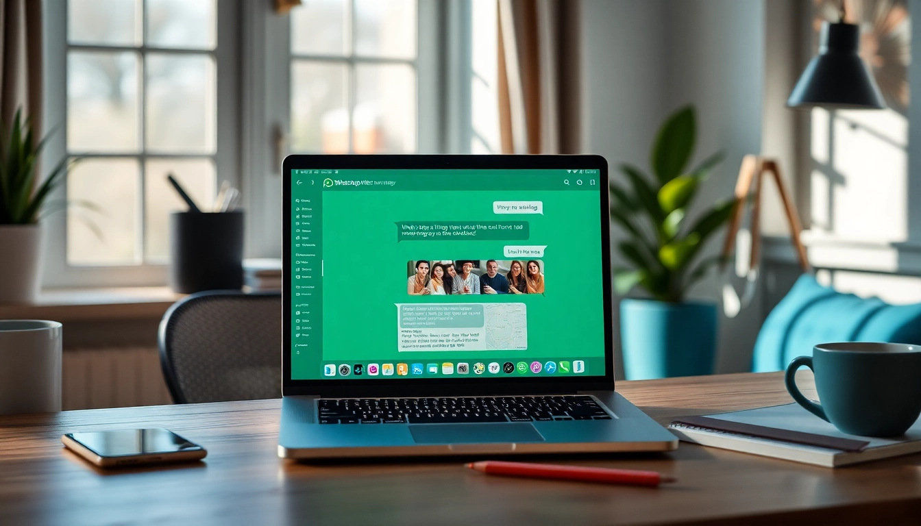 展示的 WhatsApp Web 界面，突显快连官网在消息传递与视频通话等功能在舒适工作空间中的应用。