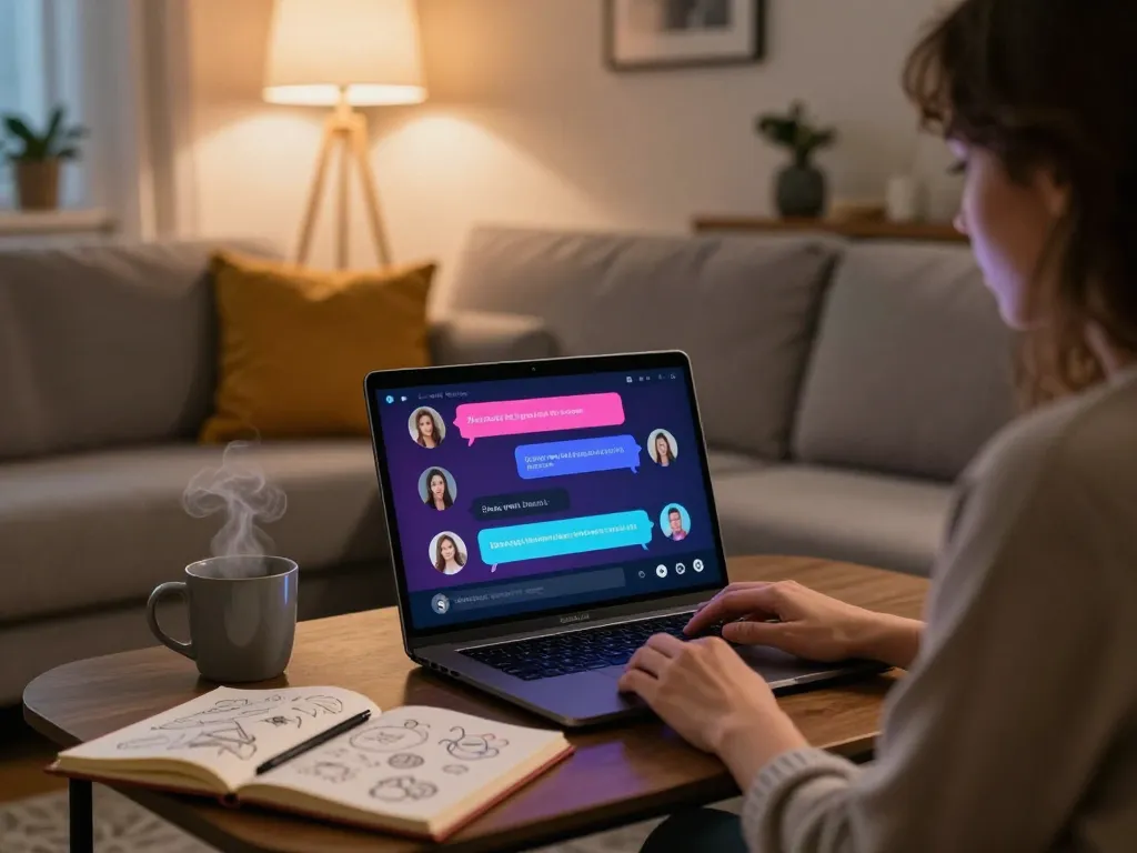 Engaging sex chat AI conversation on a sleek laptop in a cozy modern living room.