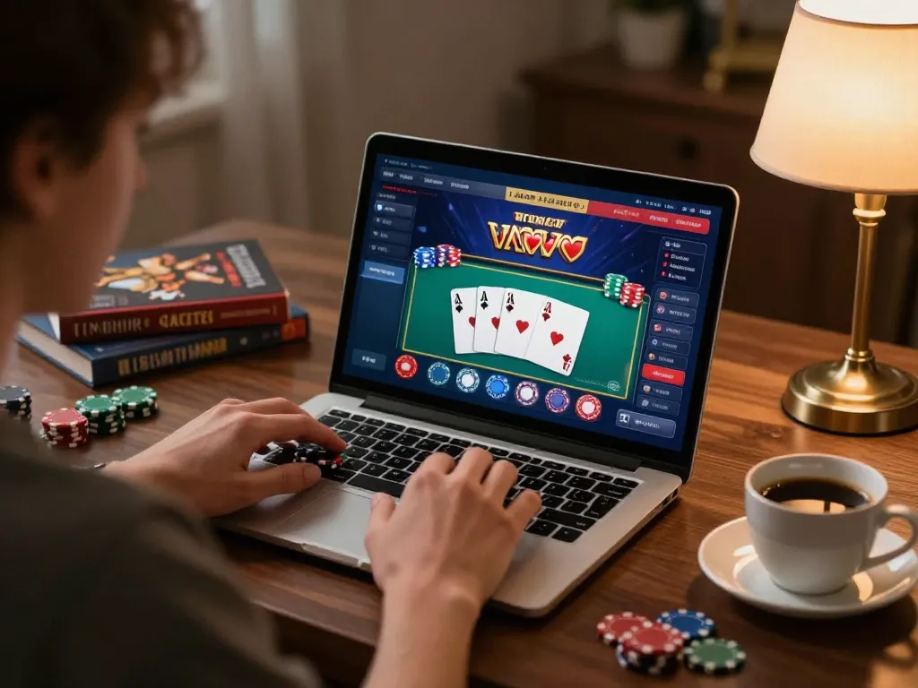 Engaging online gaming scene at cm88 com showcasing poker action on laptop in cozy setting.
