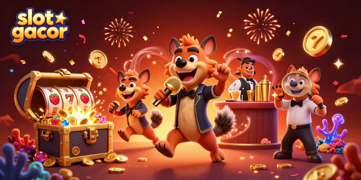 Karakter hyena lucu di kasino bercanda sambil bermain slot gacor dan menangkan jackpot.