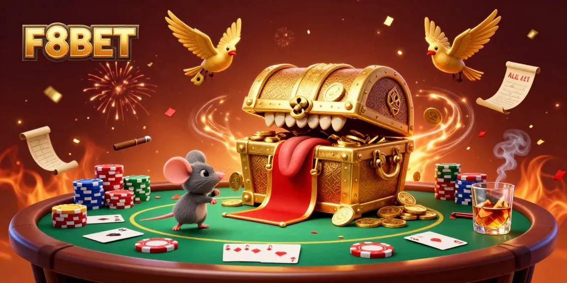 Experience thrilling gameplay with F8BET, showcasing a treasure chest and poker elements in an exciting casino setting.
