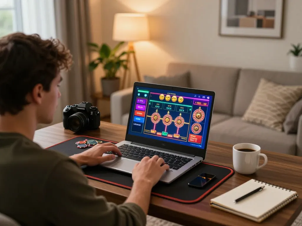 Engaging in online gaming with tle-online, a player using laptop for interactive casino experience.