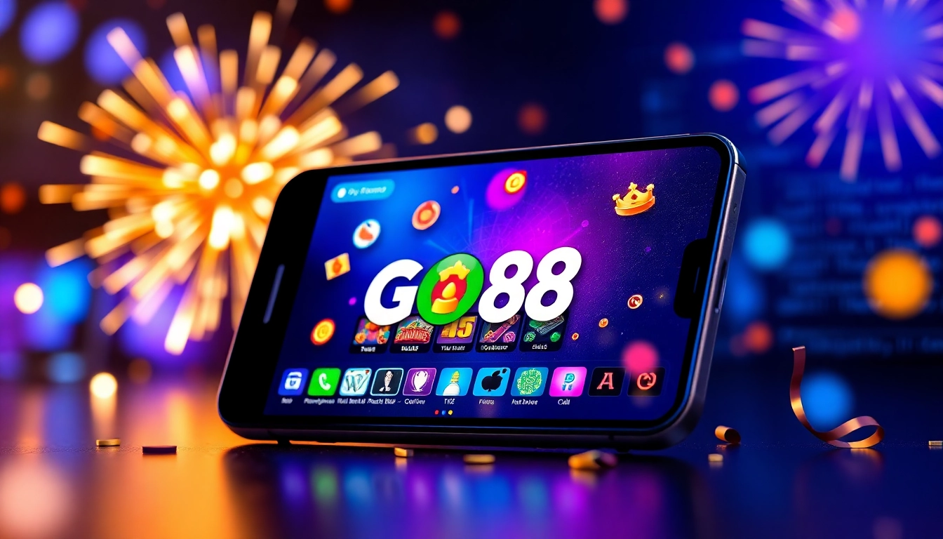 Tải GO88 app interface on a smartphone surrounded by vibrant gaming elements