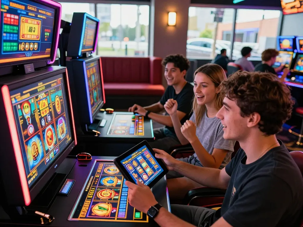Exciting kerajaanslot gaming scene with friends enjoying digital slot games in a vibrant casino-like environment.