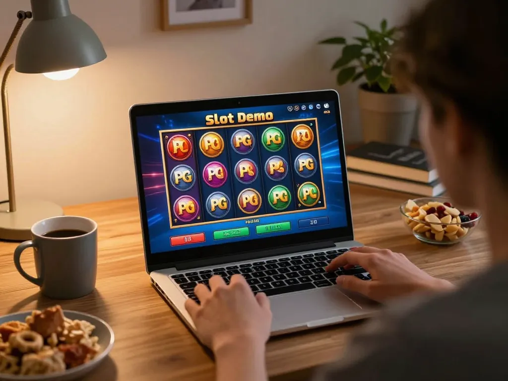 Terlibat dengan permainan Slot Demo PG Soft di laptop dalam suasana rumah yang nyaman, menampilkan grafis slot yang cerah.