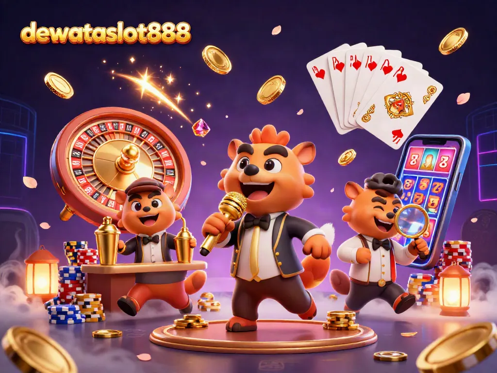 Permainan slot online dewataslot888 dengan hyena lucu beraksi, sambil bersenang-senang dengan koin emas yang berjatuhan.