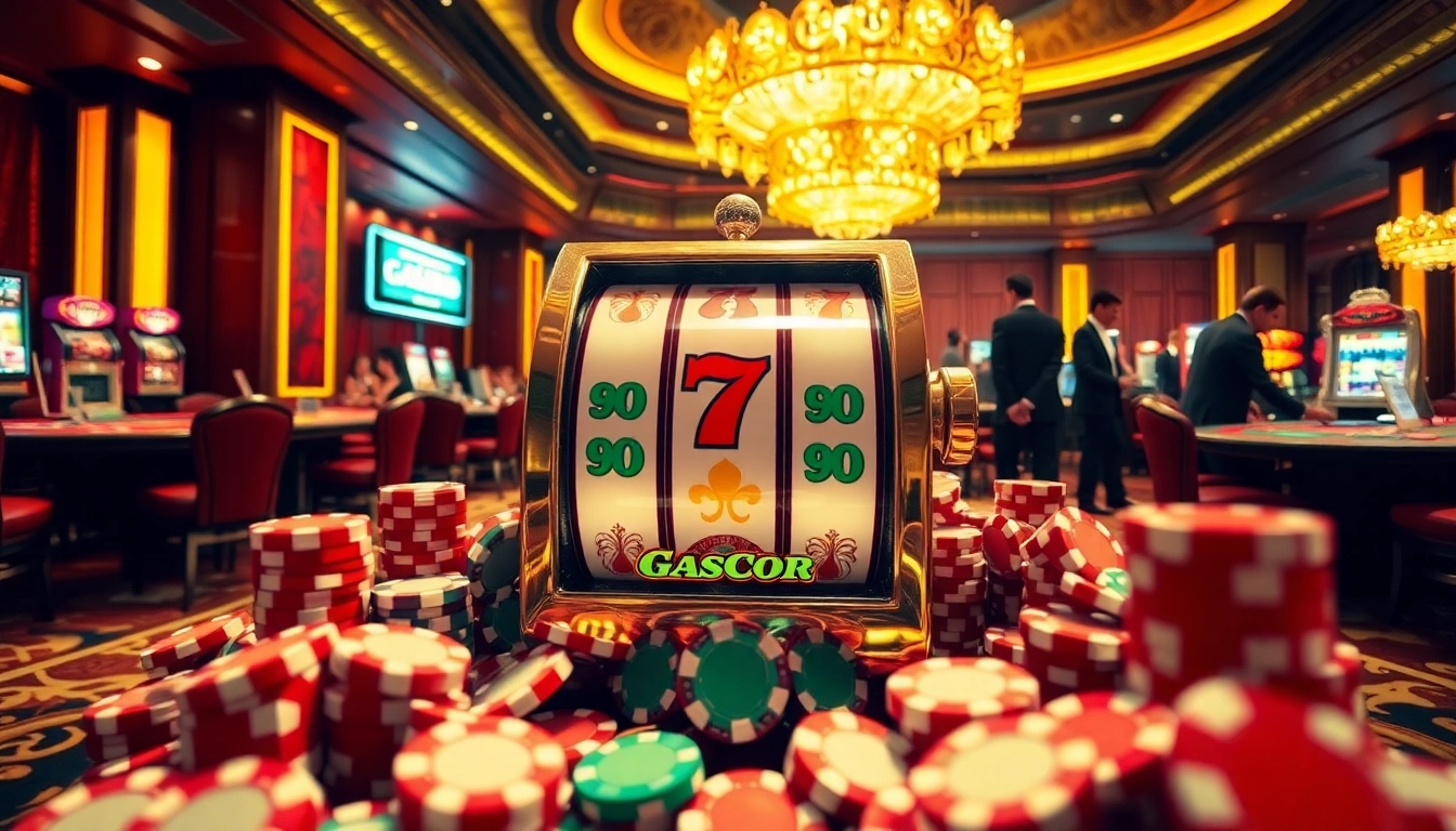 Engaging gamblers at a luxury casino with vibrant slot gacor machines and poker chips.