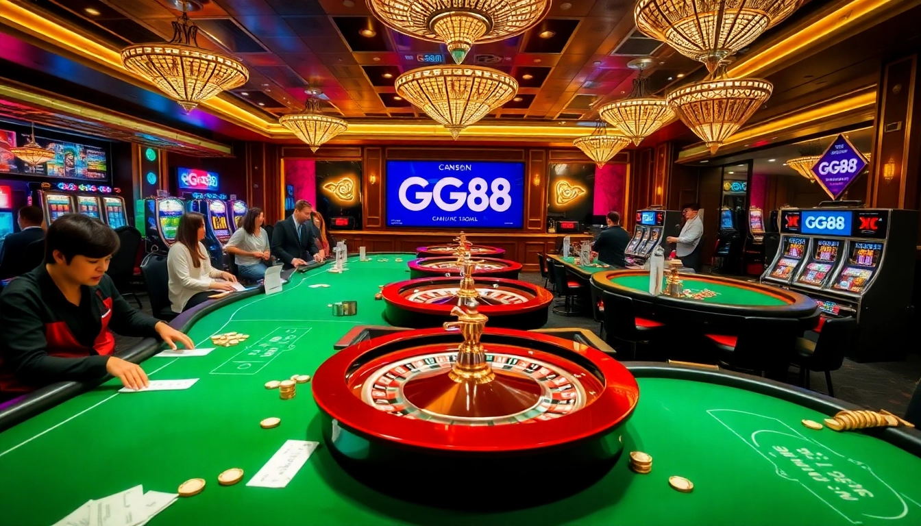 A thrilling online gambling experience on https://gg88.cool/ featuring poker tables and roulette wheels.