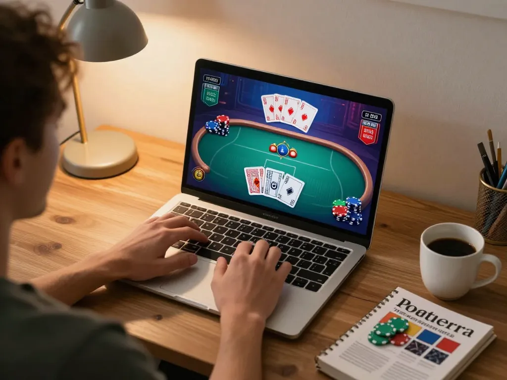 Player enjoying an online poker game at home, highlighting vipwin gaming interface, cozy atmosphere.