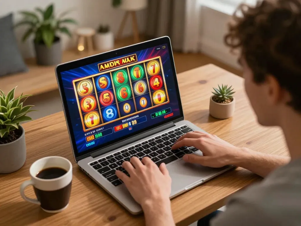 Engaging in thrilling gameplay on NK88's online casino, spinning the reels with excitement.