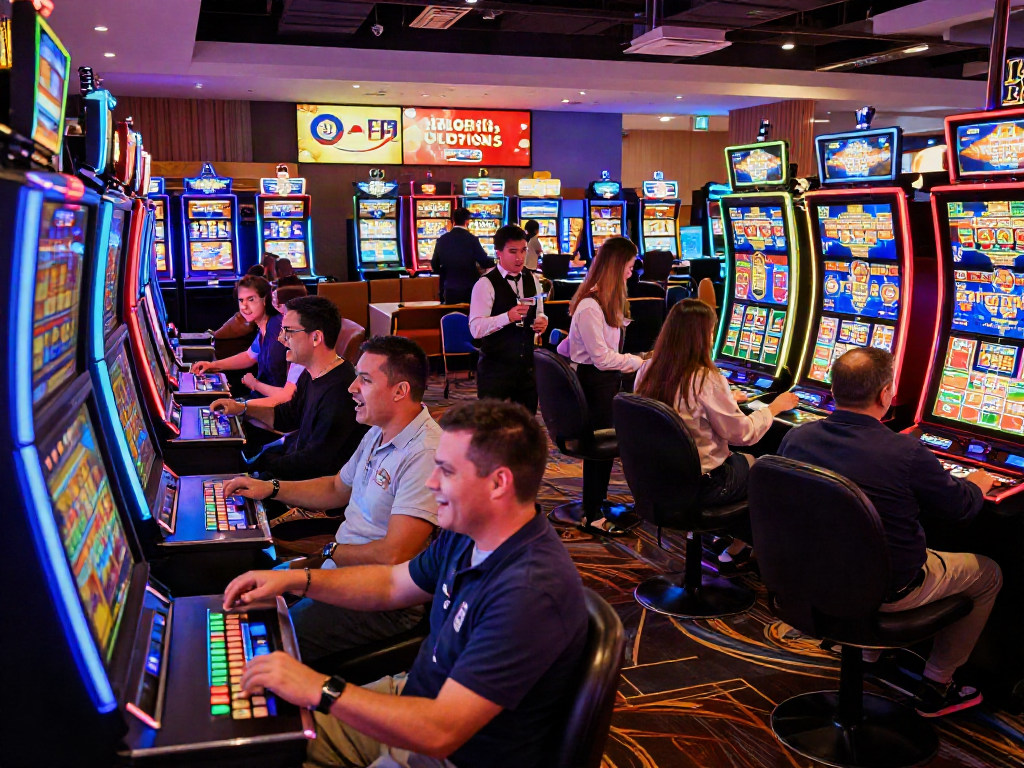 Exciting toto slot gaming scene in a vibrant casino atmosphere with players engaged.
