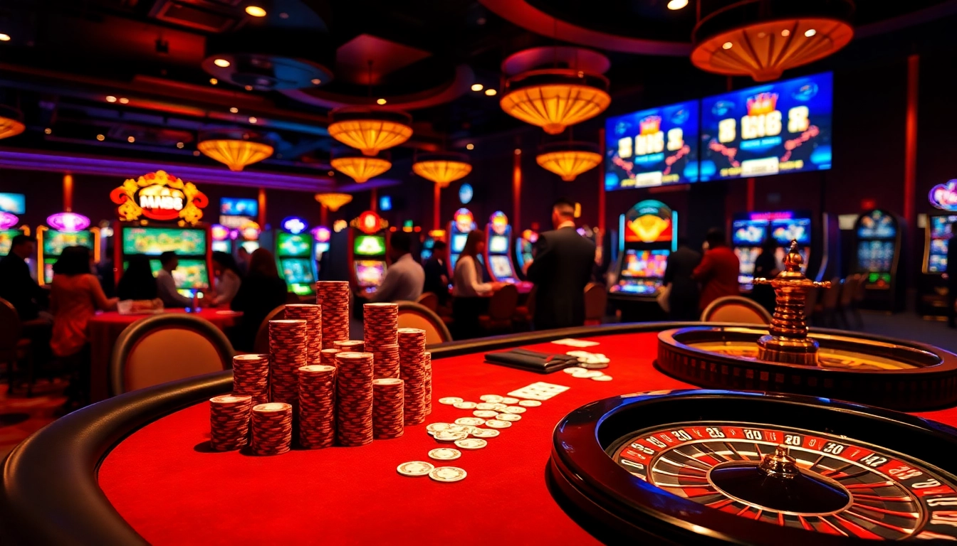 Exciting casino scene at MM88 featuring poker action and vibrant slot machines.