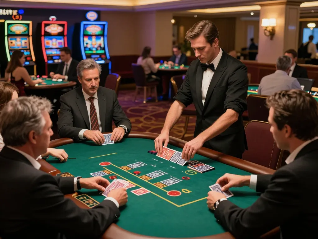 Players engaging in situs slot strategies at a vibrant casino table during evening hours