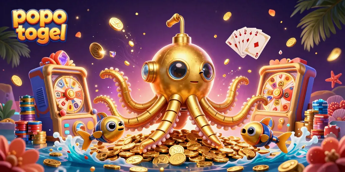 Experience popo togel excitement with vibrant illustrations of a kraken and lottery elements.