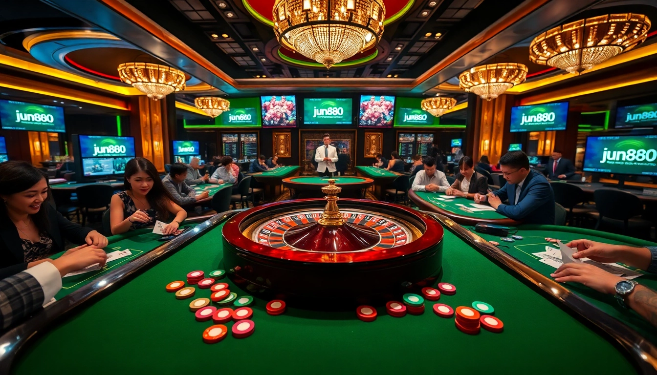 Exciting casino scene with players and roulette wheel showcasing jun888 gaming thrill.