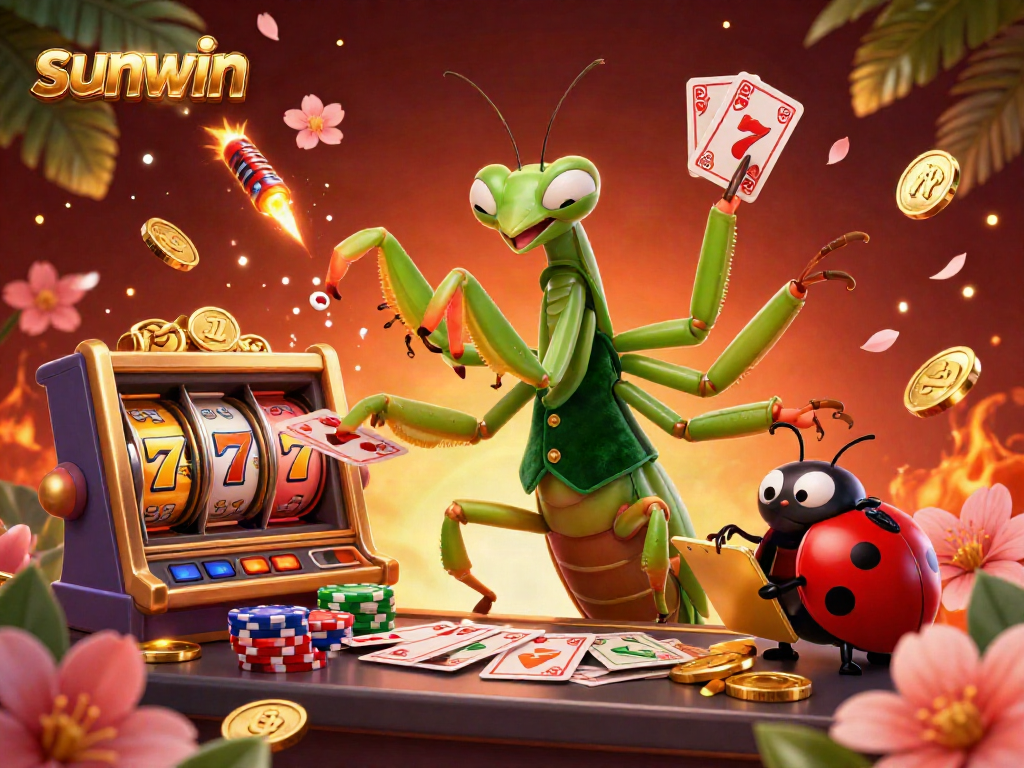 Experience the excitement of sunwin with a vibrant scene featuring a giant praying mantis card sharp and a ladybug pit boss in a thrilling casino atmosphere.