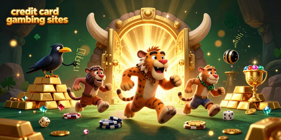 Exciting illustration of credit card gambling sites featuring a caveman and sabertooth duo managing a prehistoric casino.
