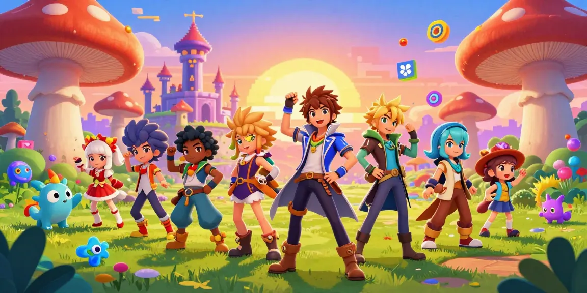 Engaging scene from a gay hentai game showcasing colorful characters in a vibrant fantasy landscape.