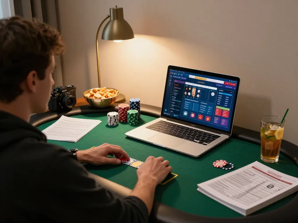 Player enjoying online poker at home with n1888 gaming interface on laptop