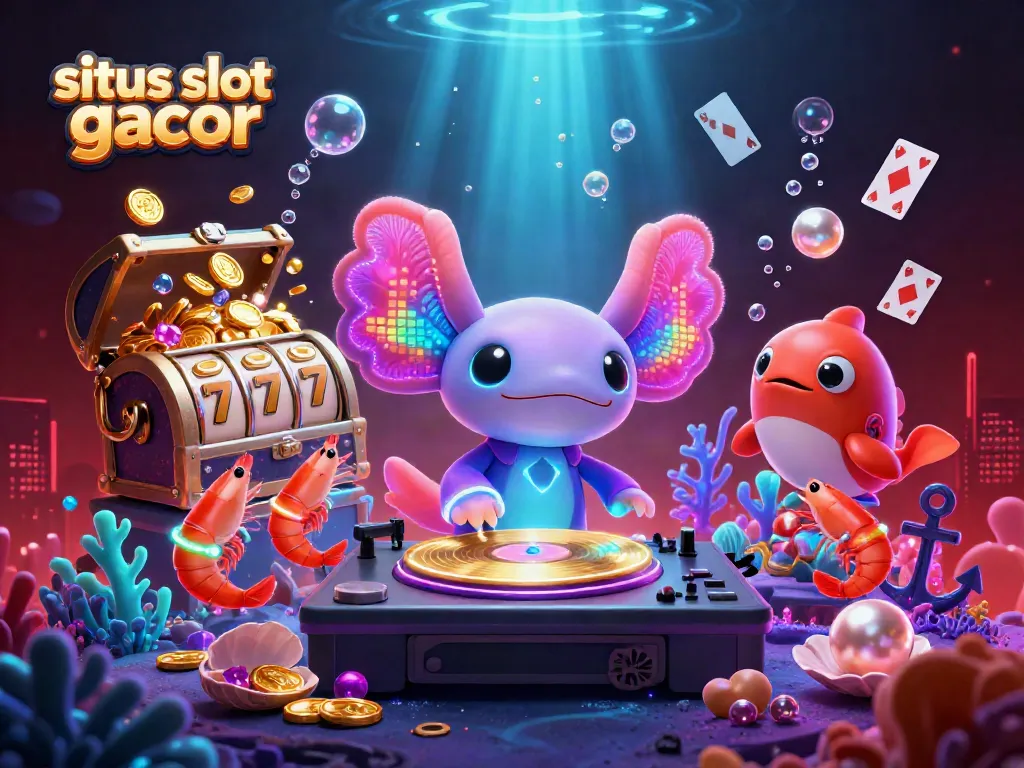 Ilustrasi situs slot gacor dengan DJ axolotl neon dan karakter laut di pesta bawah laut.