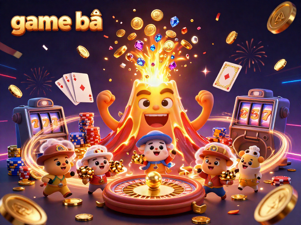 Experience the excitement of game bài as golden treasures erupt from a volcano in this vibrant casino-themed scene.