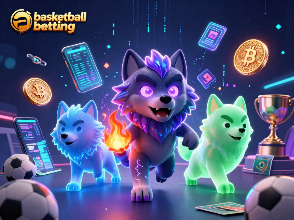 Experience basketball betting excitement with dynamic spirits and crypto elements in a vibrant 3D illustration.