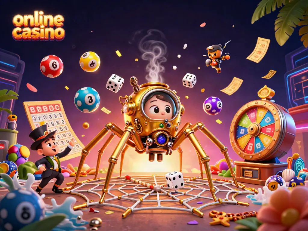 Engage with the vibrant online casino scene featuring a steampunk spider and colorful lottery elements.