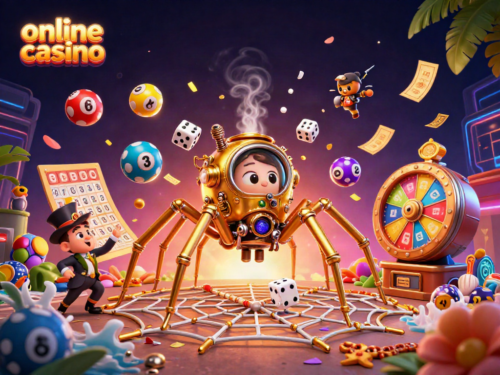 Engage with the vibrant online casino scene featuring a steampunk spider and colorful lottery elements.