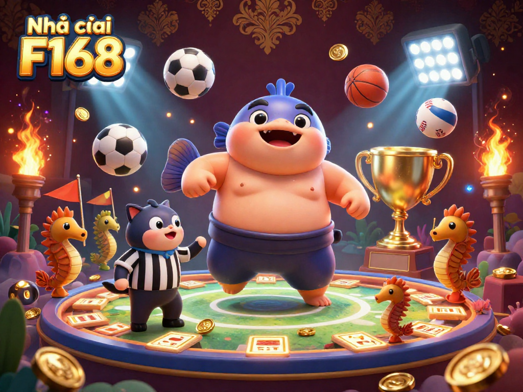 Experience the excitement of Nhà cái F168 with a dynamic underwater gambling scene showcasing a fugu and catfish amidst sports elements.