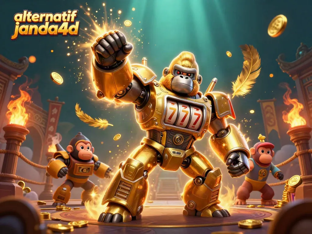 Menggoda dengan alternatif janda4d, gorila emas transformer dengan bagian mesin slot dan koin menyebar di arena pertempuran.