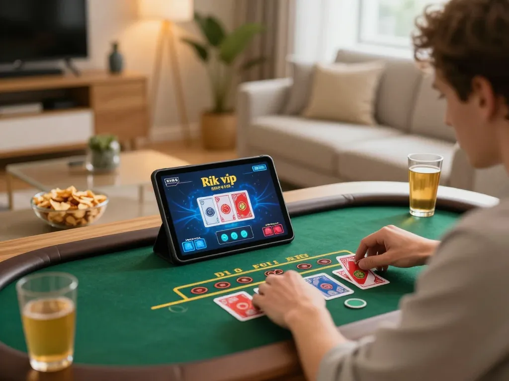 Player enjoying a live dealer game on tablet, immersed in an exciting Rik vip online gambling experience.