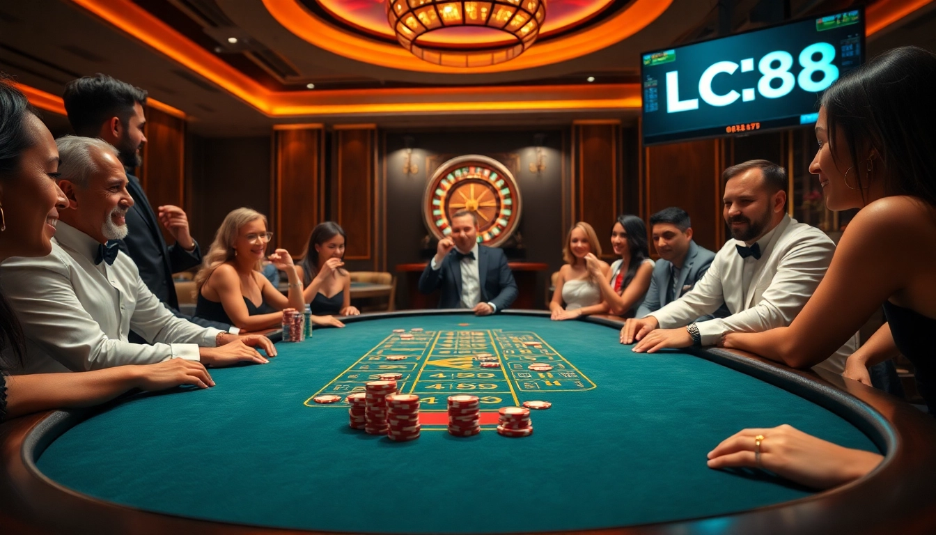 Players enjoying a thrilling game at LC88 casino with vibrant poker chips and a roulette wheel.