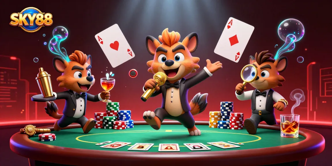 Experience SKY88 with hyenas in a vibrant casino scene showcasing poker elements and dynamic characters.