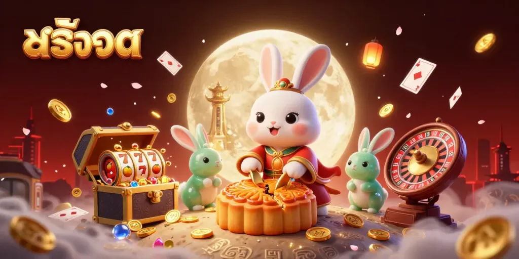 Engage in the thrilling world of สล็อต with a vibrant 3D scene featuring a legendary moon rabbit and exciting game elements.