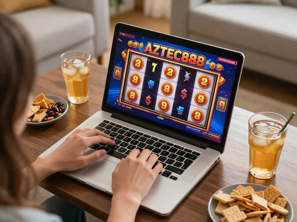 Person engaged in strategic online gaming on AZTEC888 using a laptop for exciting slot gameplay.